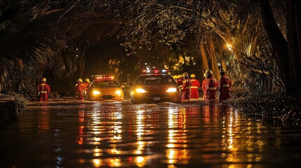 Emergency Response Teams Conduct Flood Rescue Operations in Submerged Streets at Night During Severe Weather Event
