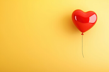 Heart-shaped red balloon floating against a bright yellow background in a cheerful setting