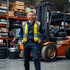 Obraz premium A male warehouse worker surrounded by automotive spare parts, confidently standing next to a loaded forklift truck