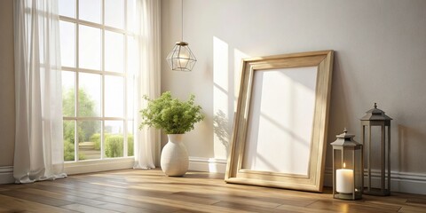 Fototapeta premium Minimalist Empty Wooden Frame, Vintage Decor, Bright Room, 3D Render, White Curtains, Lanterns, Vases