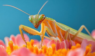 Praying mantis on vibrant orange flower.