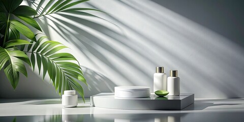 Minimalist Product Photography: Grey Room, White Wall, Cosmetic Display Podium, Leaf Shadow, Tabletop Mockup