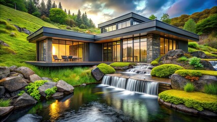 Naklejka premium Modern Dark Gray House Green Roof Waterfall Landscape Architecture Photography