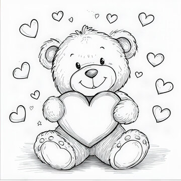 adorable osito en blanco y negro para colorear, con un corazon en su pecho y corazones dibujados a su alrededor. Concepto, cuardernos para colear para ni&ntilde;os