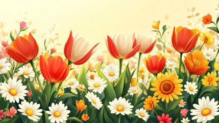Fototapeta premium Vibrant spring flowers, tulips, daisies, and sunflowers in a sunny meadow.