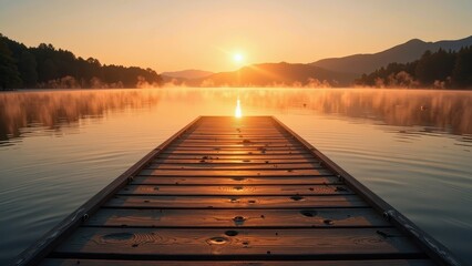 Obraz premium Sunset over a serene lake, illuminating an elegant wooden dock with vertical and horizontal planks stretching across the water's edge