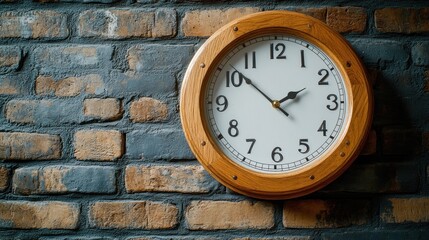 Wooden wall clock on brick wall, interior design