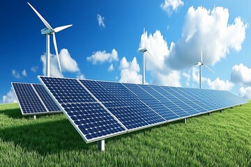 Photovoltaic panels and wind turbines on a grassy field with a storage battery in the background, green energy, photorealistic,  - Generative AI