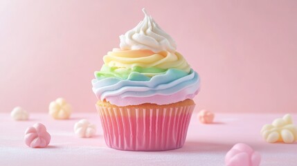 Rainbow cupcake zoomed in pink background for Valentine's Day, Birthday greeting copy space.