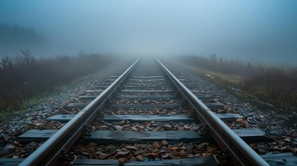 A foggy railway track stretches into the distance, evoking a sense of mystery and solitude.