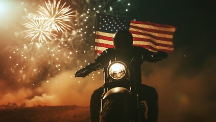 A large American flag waving in the wind with fireworks lighting up the sky behind it. A photo that symbolizes freedom and peace, representing the USA on Independence Day. - Generative AI