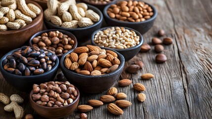 Naklejka premium Assorted Nuts in Bowls on Wooden Tabletop