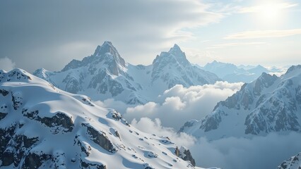 Obraz premium Zapierający dech w piersiach widok z lotu ptaka na ośnieżone szczyty przebijające się przez delikatne, błękitne niebo, z promieniami słońca przebijającymi się przez puszyste chmury nad rozległym pasmem górskim