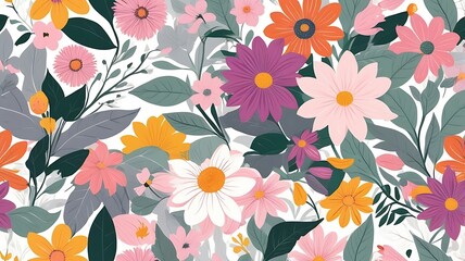 Seamless Pattern of Colorful Flowers and Leaves with a Modern Botanical Design