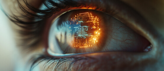 Close-up of of eyes, reflecting neon signs and city lights, hinting at hidden emotions and curiosity, soft bokeh effect in the background with subtle sparks and light trails.