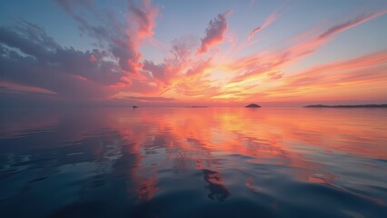 Fototapeta premium Sunset bathes the ocean with hues of orange and yellow; a serene horizon meets a deep blue sky, capturing nature's tranquil beauty