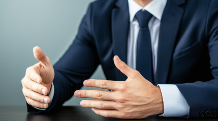 Professional consultant in suit discussing AI systems with open hands, conveying confidence and engagement. modern business environment emphasizes collaboration and innovation