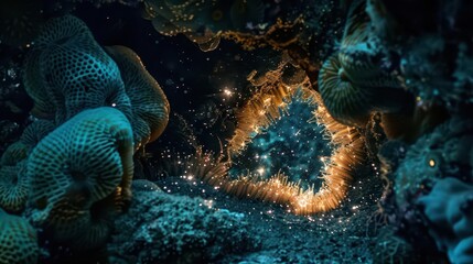 An underwater scene showcasing vibrant coral formations and shimmering light.