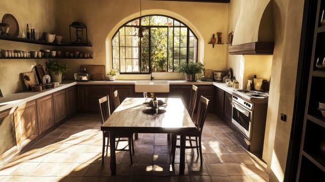 Sunlit rustic kitchen, arched window, farmhouse, sunlight, interior design, home, cooking, meal prep, villa
