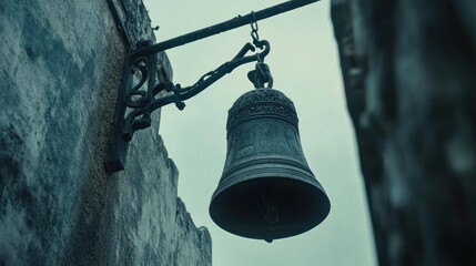Fototapeta premium Ancient Bell Hanging on a Weathered Wall