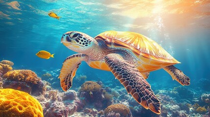 Fototapeta premium Graceful Sea Turtle Swimming Through Vibrant Coral Reef Under Bright Sunlight in Clear Blue Ocean Water Creating a Beautiful Marine Ecosystem Scene