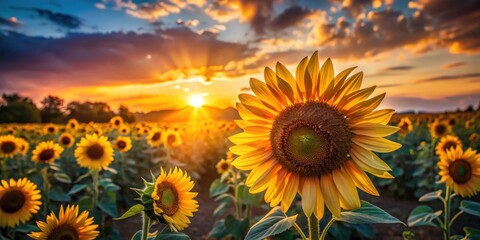 Obraz premium Stunning Sunset Sunflower Field Bokeh Photography - Golden Hour Flowers