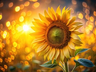 Fototapeta premium Sunflower Bokeh, Back View, Swaying, Yellow, Wind, Nature Photography, Macro Shot, Summer, Bloom, Field, Golden Hour, Soft Focus, Beautiful Flower, Floral Background