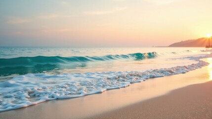 Serene ocean waves gently lapping on a tranquil sandy shore at sunset