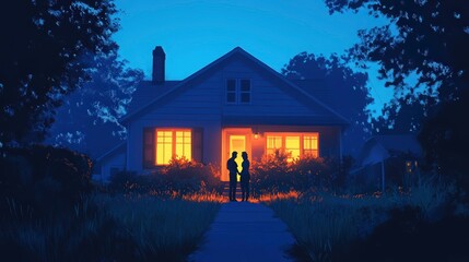 Silhouetted Couple in Front of Cozy Home at Dusk with Warm Lights Illuminating the Windows Surrounded by Lush Greenery and a Tranquil Atmosphere of Evening Serenity