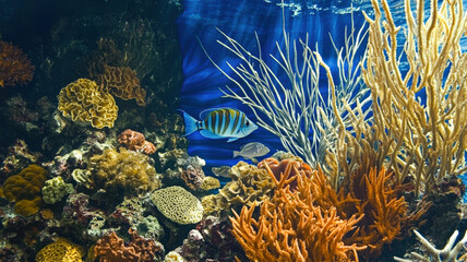 Underwater-themed wallpaper featuring schools of fish swimming around vibrant coral reefs, capturing the dynamic beauty and colorful diversity of marine life in a lively ocean scene.
