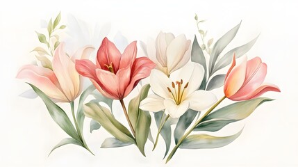 Fototapeta premium Delicate Watercolor Painting of Lilies and Tulips