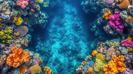 Naklejka premium Stunning Underwater Scene with Vibrant Coral Reef in Shades of Orange, Pink, Yellow, and Blue, Capturing the Beauty of Marine Life and Ecosystem Diversity
