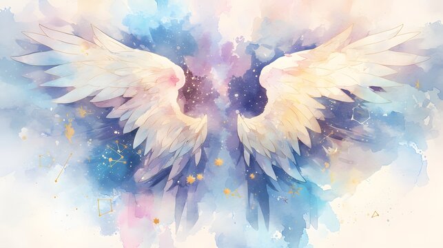 A serene watercolor representation of angel wings, evoking a magical and peaceful aura