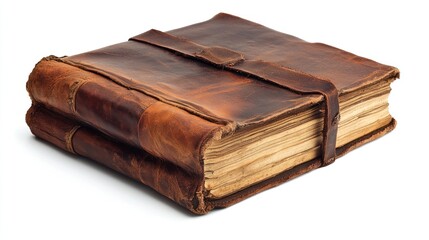 Two antique leather-bound books with aged pages, isolated on white.