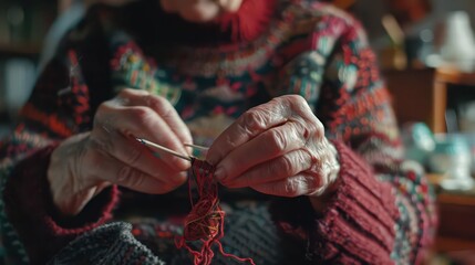 An elderly person's hands knitting with colorful yarn, showcasing craftsmanship and tradition.