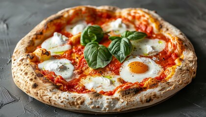 A delicious pizza topped with mozzarella, tomato sauce, fried eggs, and basil leaves.