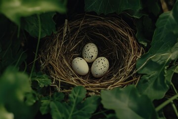 Fototapeta premium Three speckled bird eggs nestled in a leafy garden nest