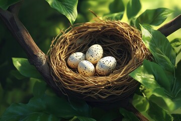 Fototapeta premium Bird's nest, speckled eggs, tree branch, sunlight, nature
