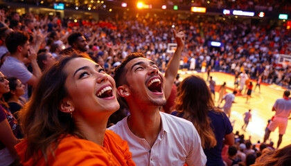 Crowded arena filled with fans, including Caucasian men and women, Black families, and Hispanic children, cheering for their basketball teams during a national tournament. High angle perspective 
