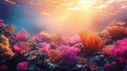 Vibrant Underwater Coral Reef with Colorful Marine Life and Sunlight Filtering Through the Water Surface, Showcasing Nature’s Underwater Beauty