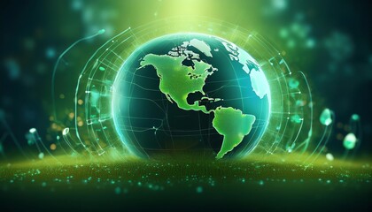 Obraz premium A vibrant digital globe representing Earth, surrounded by green light and visual elements, symbolizing technology and sustainability.