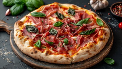 Delicious pizza with prosciutto, mozzarella, and basil on a dark background.
