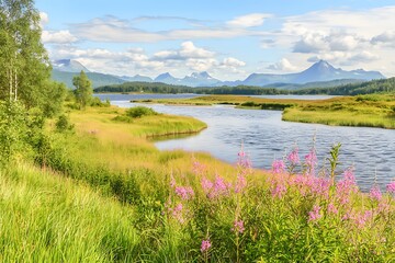 Serene River Landscape with Mountains and Pink Flowers in Norway