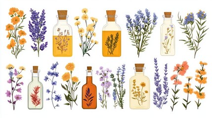 Fototapeta premium Herbal essential oils in glass bottles with flowers.