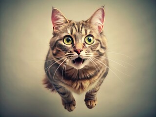 Obraz premium Vintage Funny Cat Jump Portrait, Cute Pet Photo, Retro Feline Image, Surprised Kitty Closeup