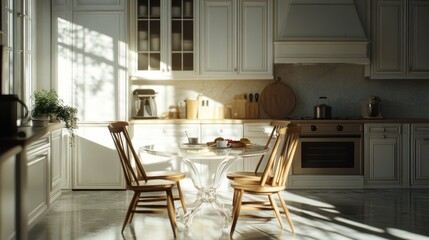 Sunlit kitchen, breakfast table, chairs, morning light, interior design, home, cooking, room, elegant, real estate