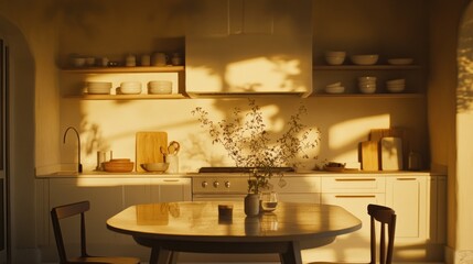Sunlit kitchen, morning light, minimalist design, home interior, peaceful scene, stock photo