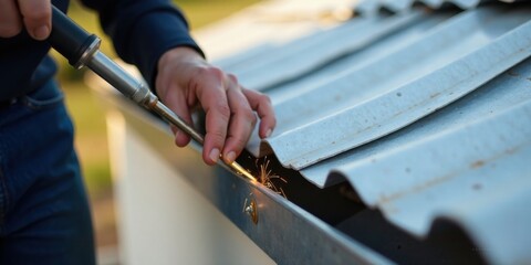 Close-up of a hand using a soldering iron to repair a corrugated metal roof gutter