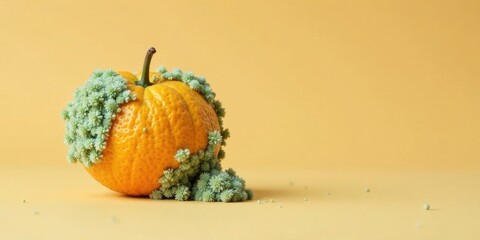 A vibrant citrus fruit adorned with delicate, verdant flora, resting on a soft, pastel background