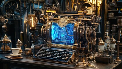 Steampunk Typewriter With Illuminated Internal Mechanism